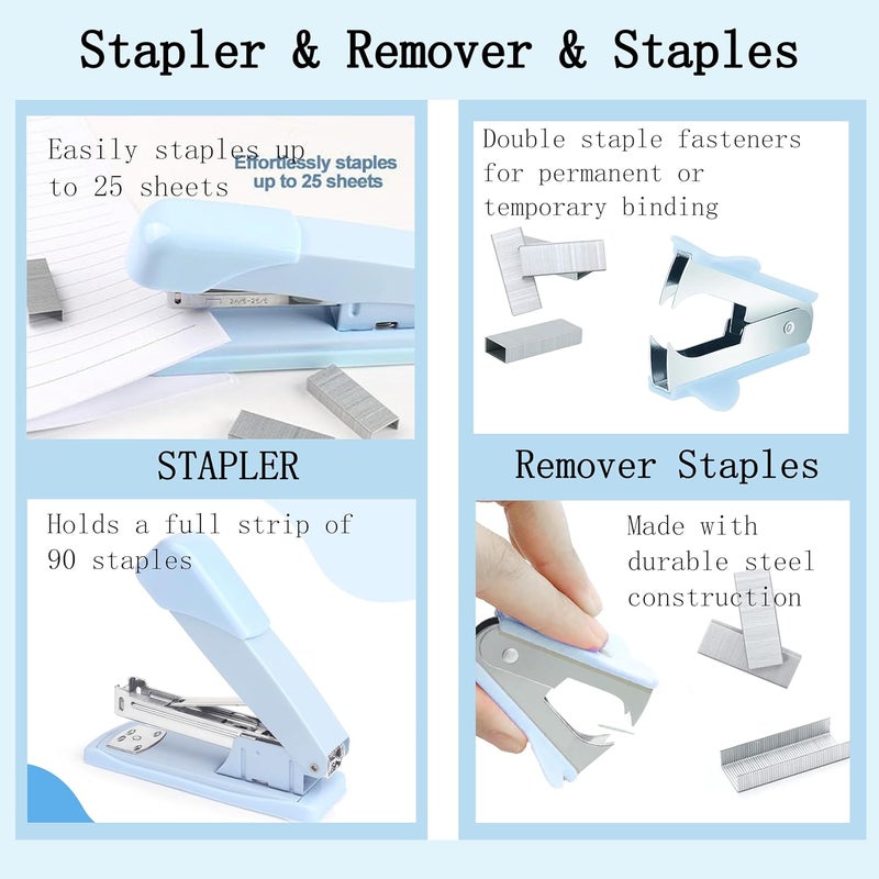 Dimonluce Blue Desk Accessories, Blue Office Supplies Accessories with Tape Dispenser, Stapler, Staple Remover, 1000 Staples, Tape, Clips Set, Ruler, Scissor, Pen - Image 2